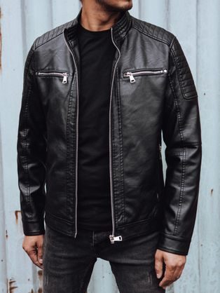 Divatos műbőr fekete férfi kabát