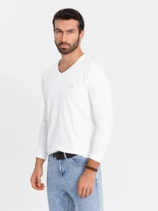 Trendi fehér, hosszú ujjú, V-nyakú logóval ellátott póló V2 LSBC-0123
