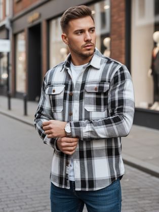 Fekete-fehér kockás flanel ing mellzsebekkel
