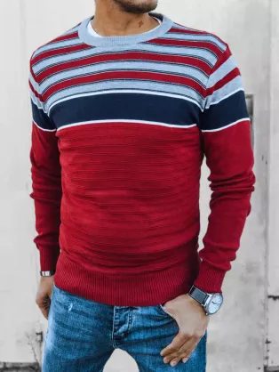 Piros pulóver színes csíkokkal