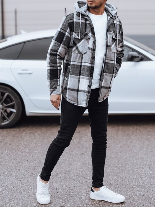 Szürke kockás férfi kabát kapucnival