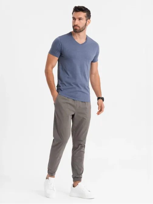 Basic pamut kék meliert V-nyakú póló V18 TSBS-0237