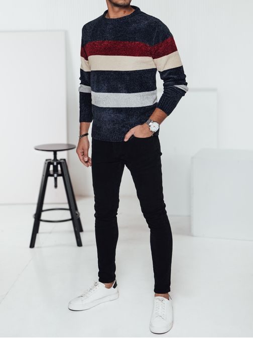 Férfi csíkos pulóver téli kékre