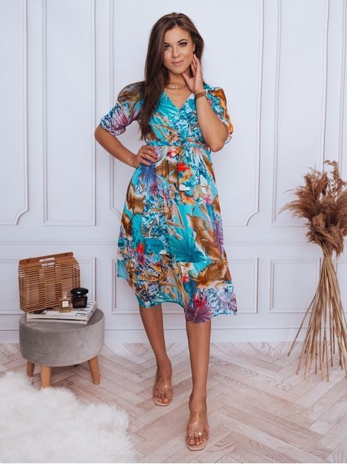 Szenzációs égszínkék nyári virágmintás női ruha Selia