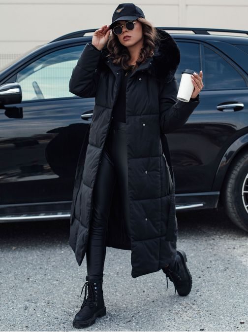 Hosszú női fekete steppelt kabát Glamwarm