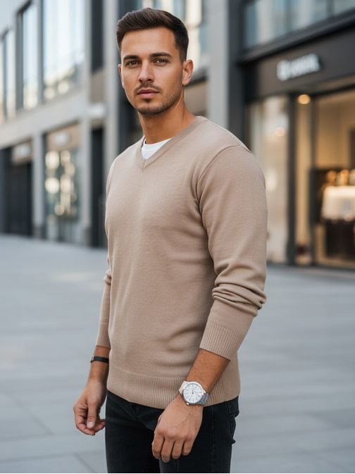 Basic barna férfi V-nyakú pulóver