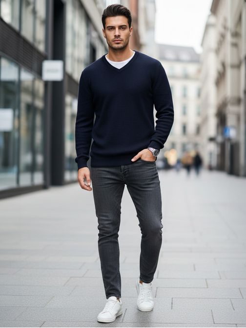 Basic sötétkék férfi v-nyakú pulóver