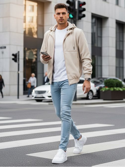 Időtlen bézs színű férfi vékony kabát