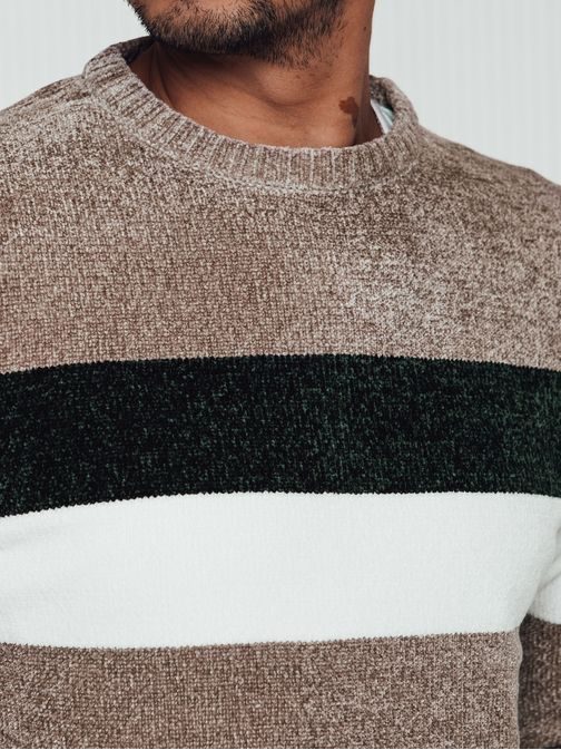 Férfi csíkos pulóver télire bézs színben