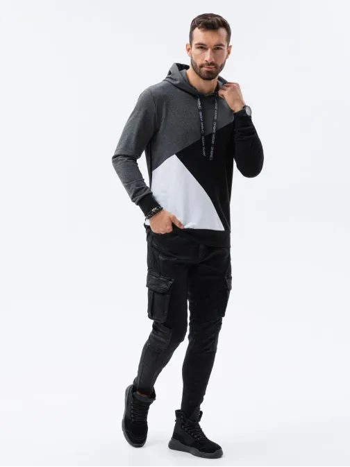 Sötét szürke kombinált kapucnis pulóver B1050