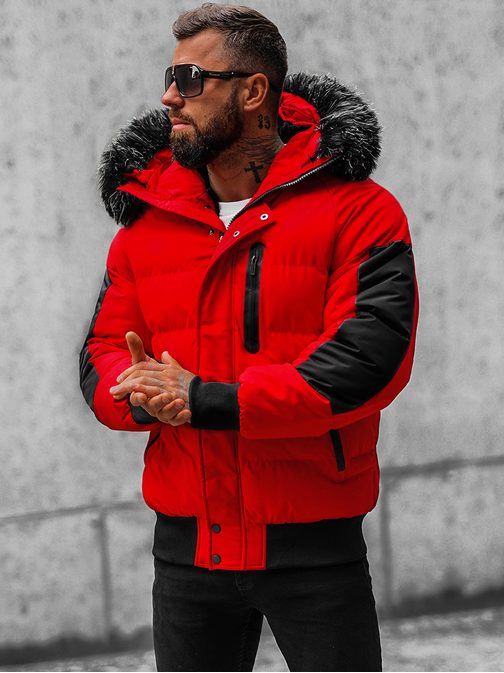 Stílusos piros téli kabát szőrmés gallérral O/M798