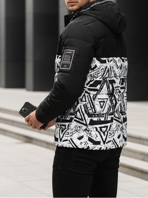 Modern fekete téli kabát nyomtatással