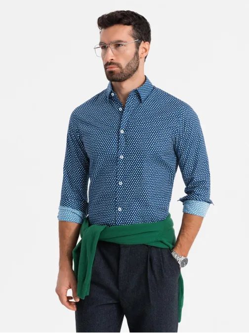 Egyedi sötét kék ing trendi mintával  V1 SHCS-0140
