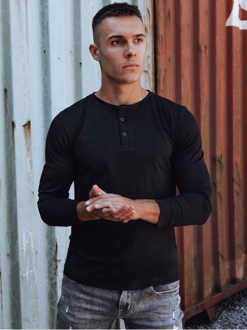 Trendi fekete hosszú ujjú pólo gombos rögzítéssel