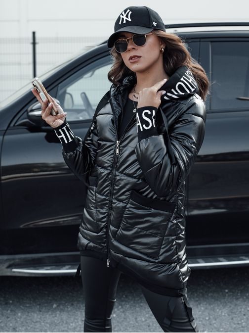 Női fekete kapucnis  steppelt kabát Fashion Chic