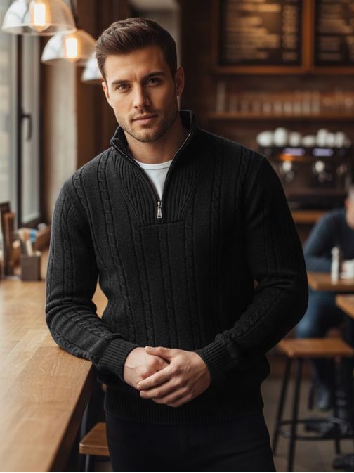 Mintás férfi pulóver cipzárral fekete