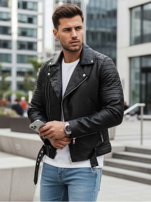 Divatos fekete műbőr férfi kabát