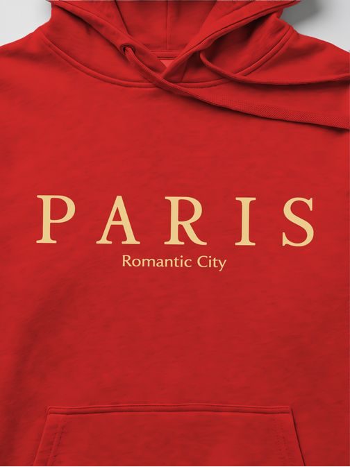 Piros kapucnis pulóver, „Paris” felirattal