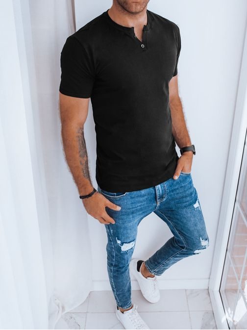 Trendi fekete póló dísz gombos kivágással