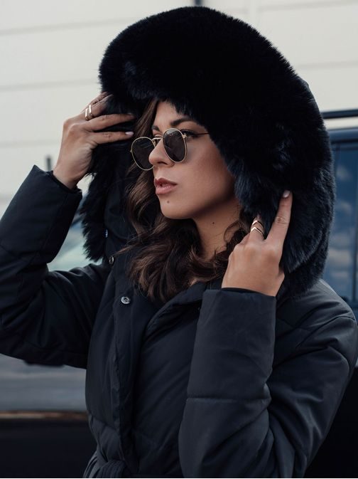 Hosszú női fekete steppelt kabát Glamwarm