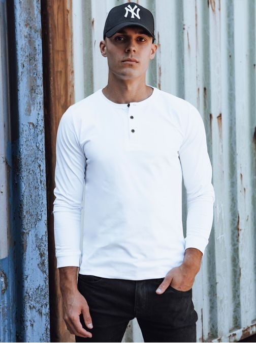 Trendi fehér hosszú ujjú pólo gombos rögzítéssel