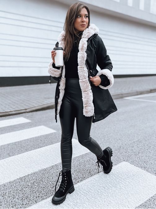 Női fekete téli parka világos szőrmével Arctic