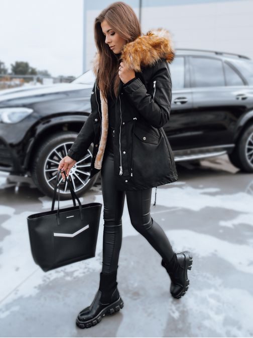 Csodálatos fekete női parka kabát barna árnyalattal Avena