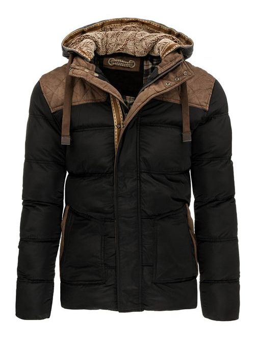 Fekete téli kabát barna elemekkel