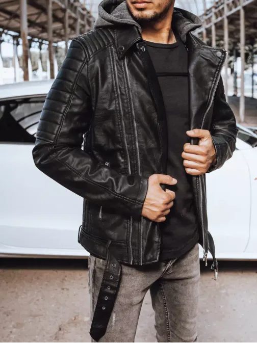 Fekete bőr férfi kabát kapucnival