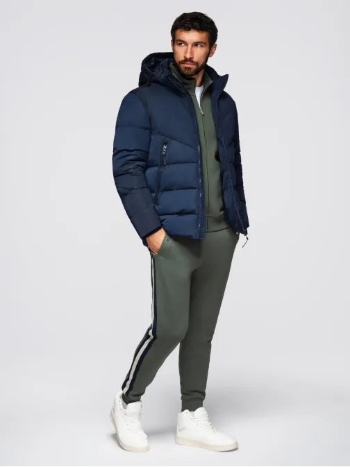 Férfi kék steppelt kabát kapucnival V4 JAHP-0304