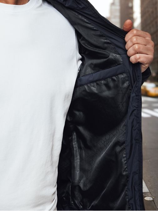 Modern átmeneti sötétkék kabát kapucnival