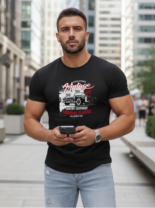 Férfi fekete póló VINTAGE CAR nyomtatással