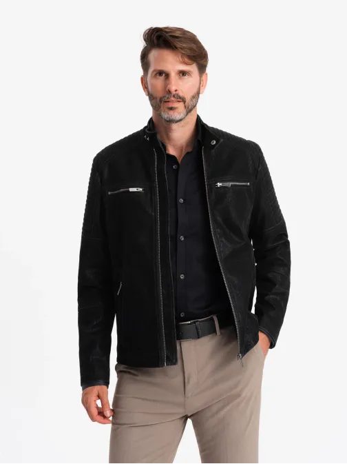 Stílusos fekete bőr biker dzseki V2 JAFL-0197