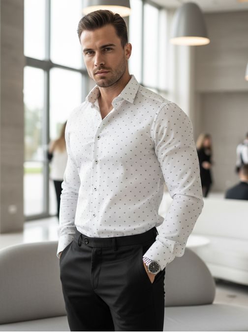 Fehér slim fit férfi ing kék mintával