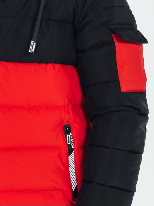Férfi télikabát kapucnival fekete és piros színben