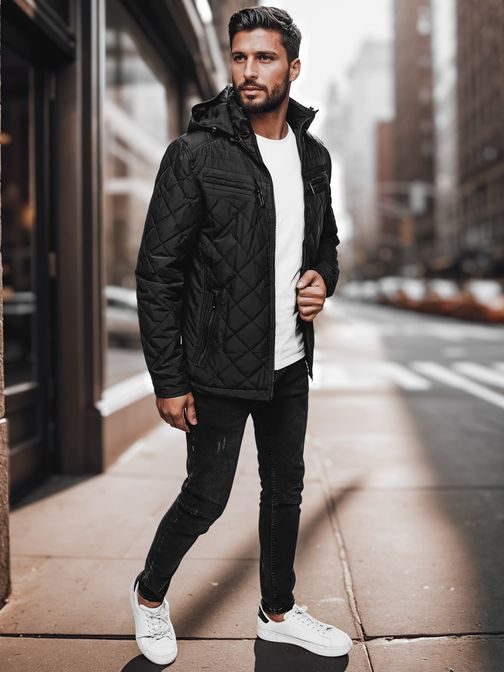 Férfi átmeneti fekete kabát kapucnival