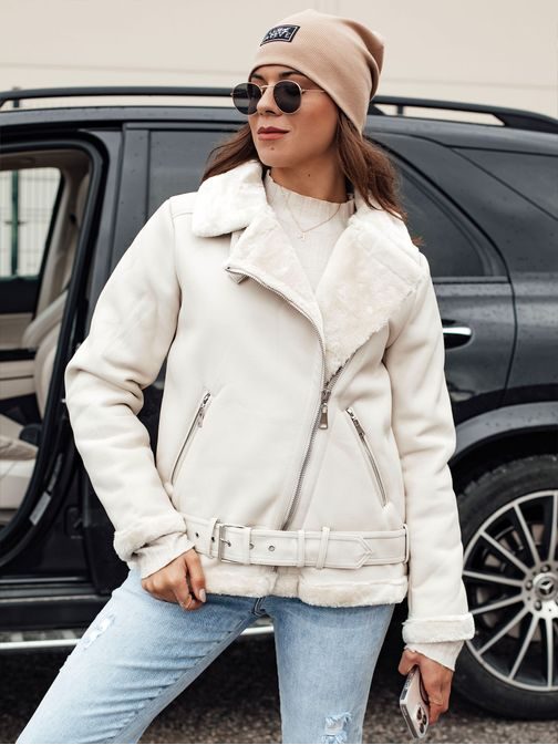 Női fehér műbőr kabát szőrmeszegéllyel