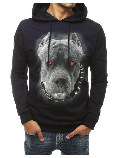 Trendi sötét kék kapucnis pulóver kutya lenyomattal