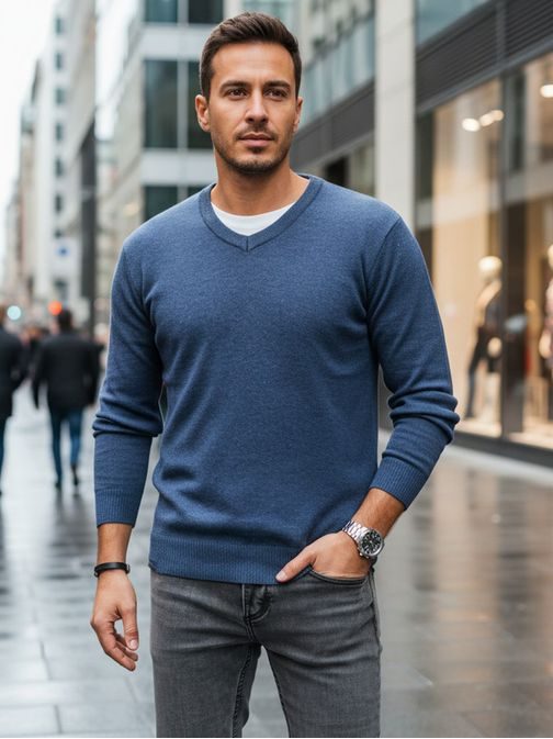 Basic kék férfi v-nyakú pulóver