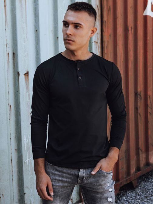 Trendi fekete hosszú ujjú pólo gombos rögzítéssel