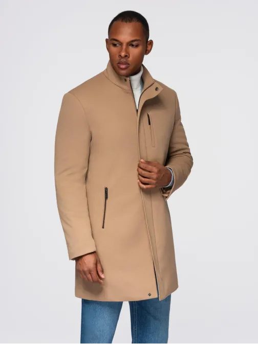 Világosbarna férfi kabát magas gallérral V4 COWC-0136