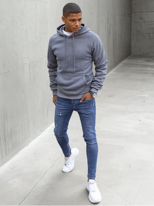 Kényelmes stílusos sötét szürke kapucnis pulóver