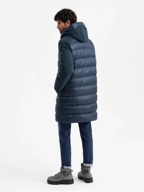 Vonzó sötét kék hosszú téli steppelt kabát V4 JALP-0165