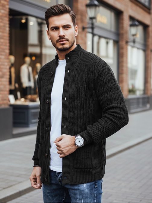 Stílusos fekete pulóver férfiaknak gombos záródással
