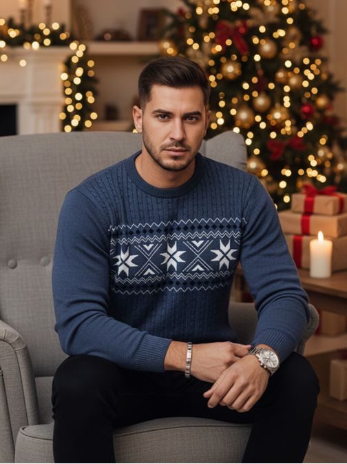 Divatos kék pulóver egyedi mintával