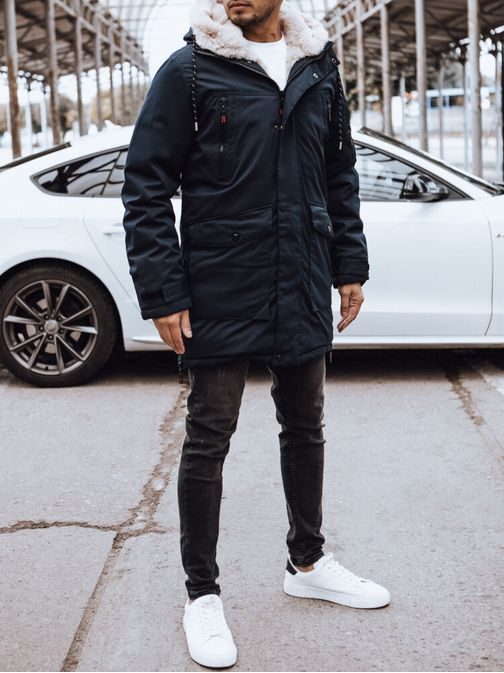 Meleg sötétkék férfi hosszú kabát