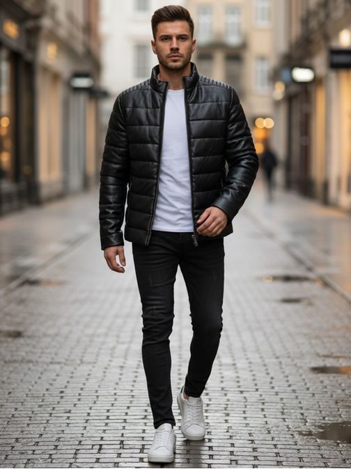 Modern steppelt bőrdzseki télre fekete színben