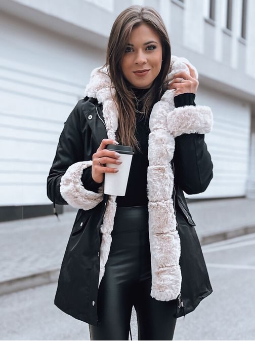 Női fekete téli parka világos szőrmével Arctic