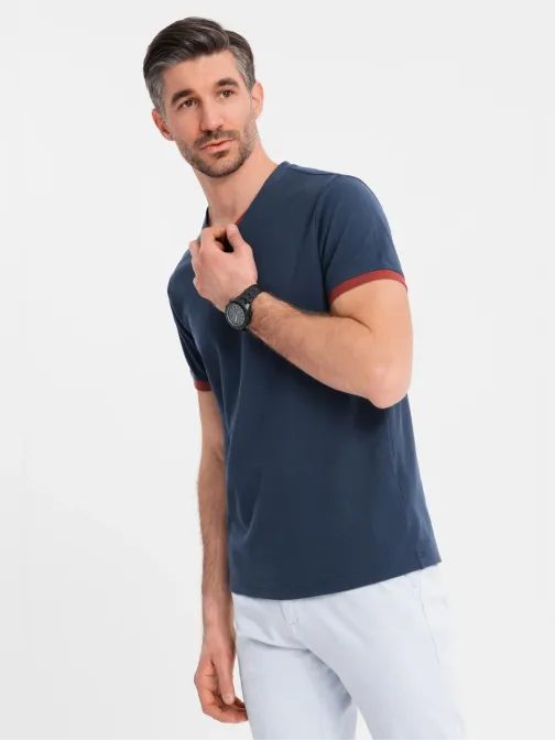 Modern sötétkék pamut V-nyakú póló V1 TSCT-0198