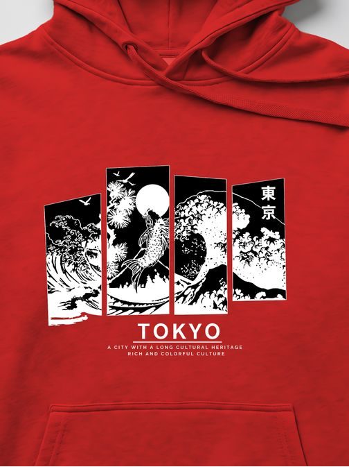 Piros kapucnis pulóver „Tokyo” felirattal